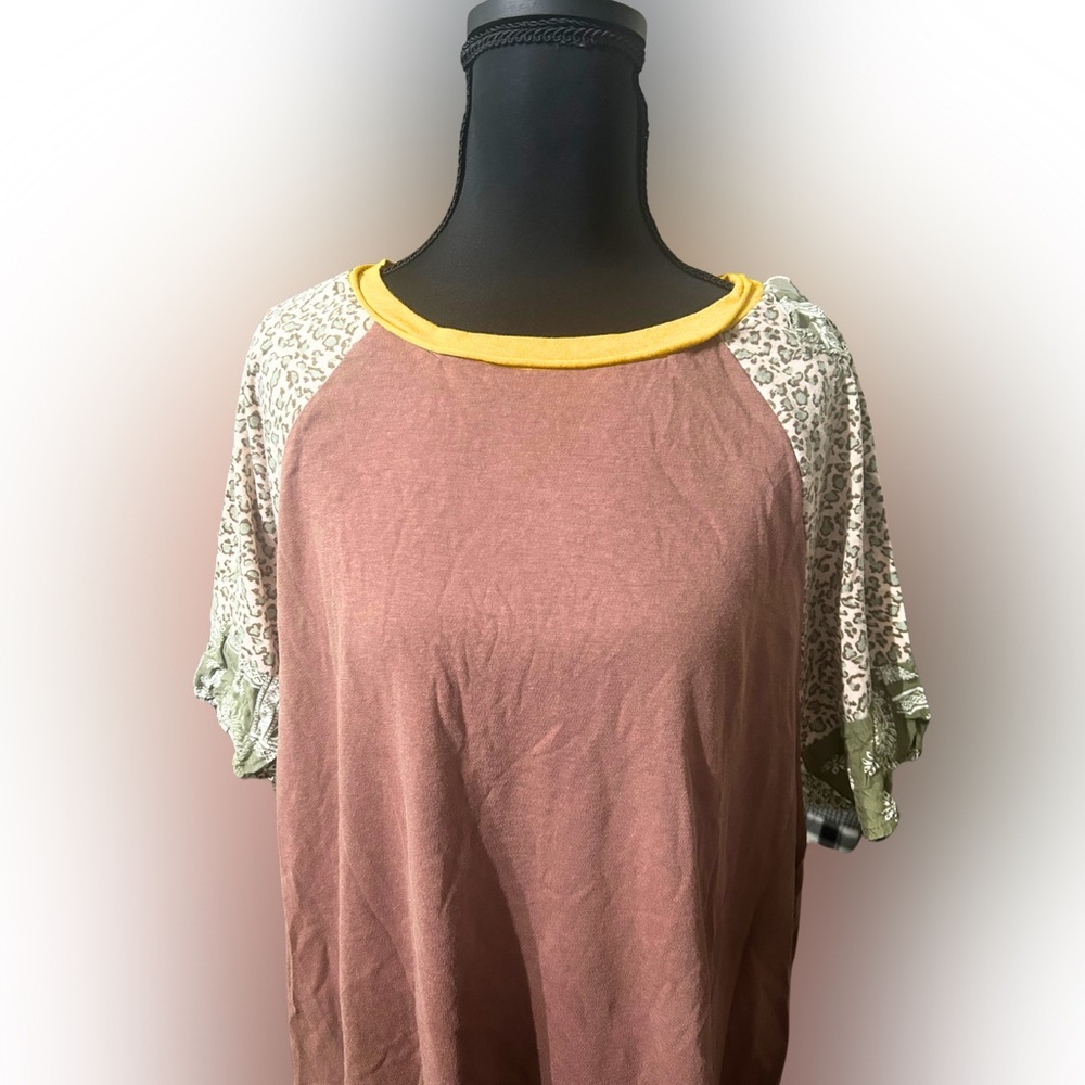 easel Short Sleeve Raglan Tee in Rust, Yellow & Olive with Leopard Sleeves